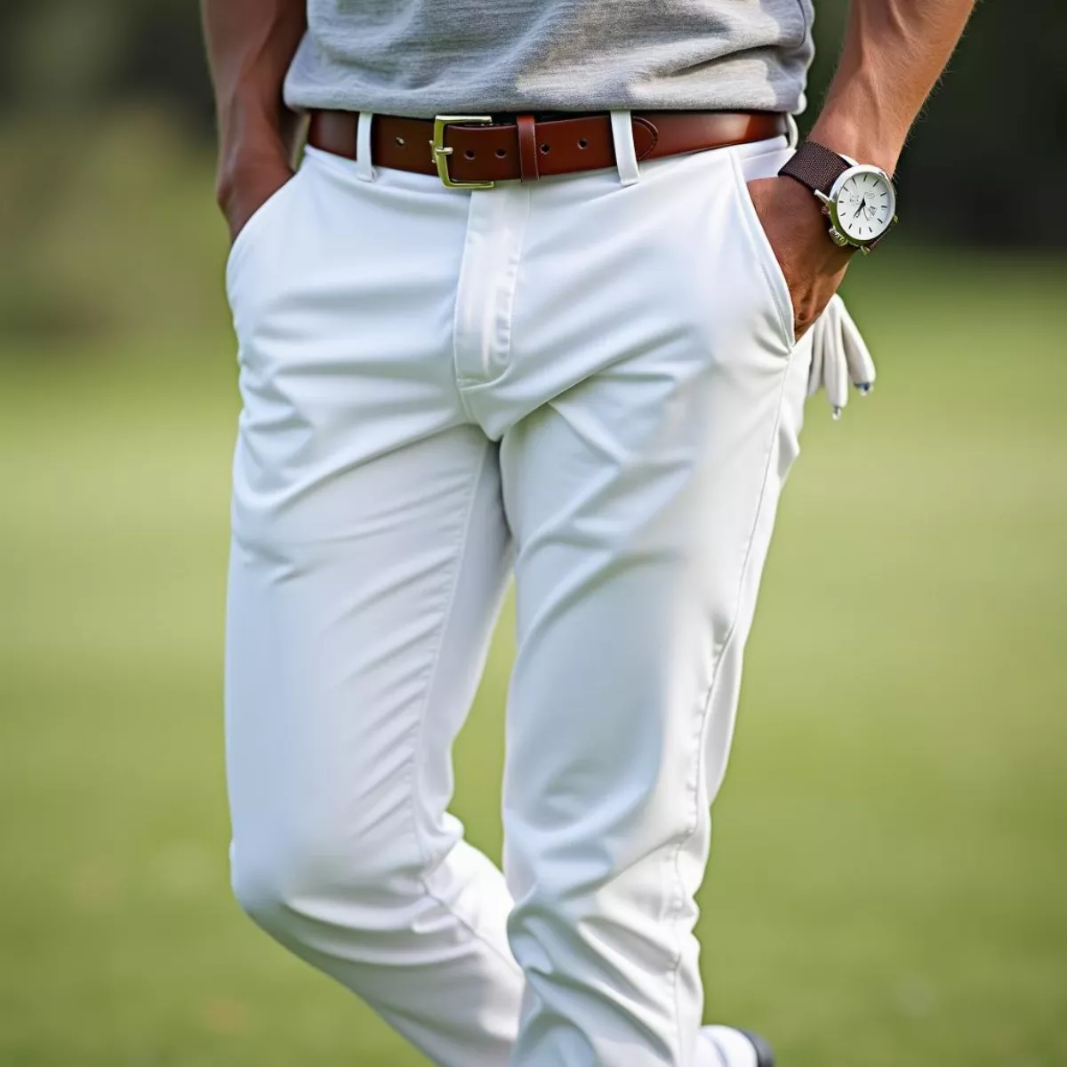 Close Up Of White Golf Pants And Accessories