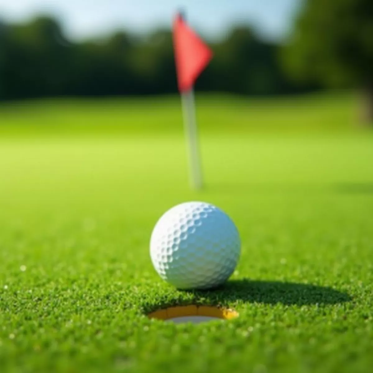 Golf Ball On Green With Flag