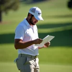 Golfer analyzing scorecard on golf course