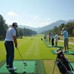 Golfers practicing at a driving range