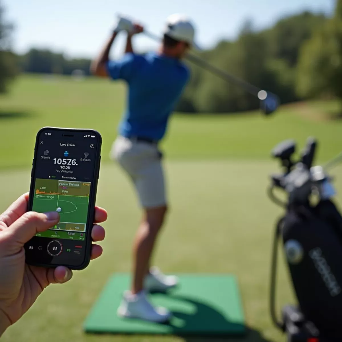 Golfer Reviewing Swing Data On A Launch Monitor