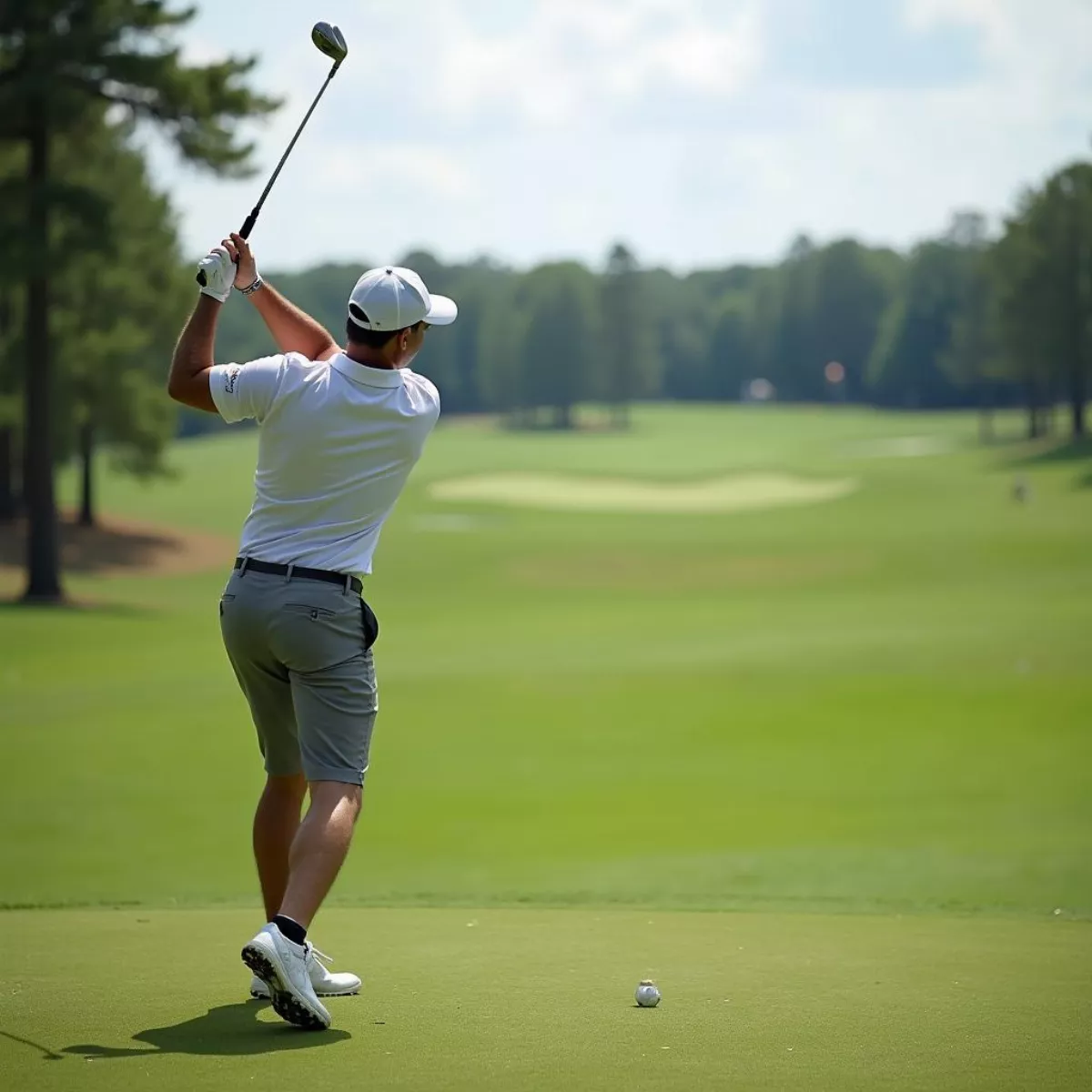 Golfer Taking A Swing With An Iron On Golf Course