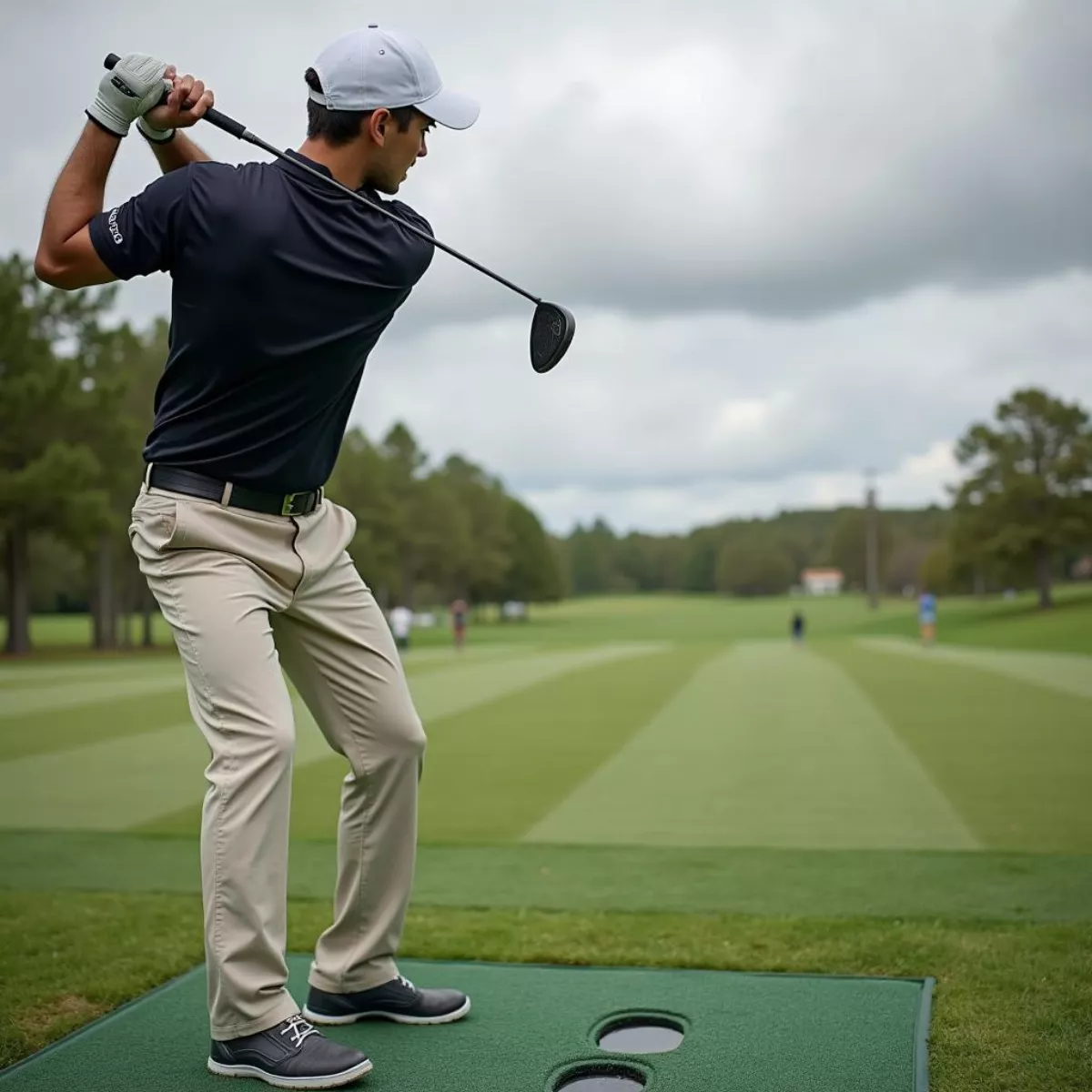 Golfer Practices Swing On Driving Range With Iron In Hand