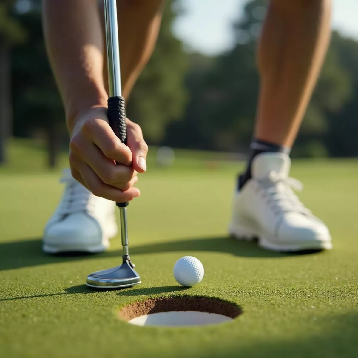 Golfer Putting Towards Flagstick