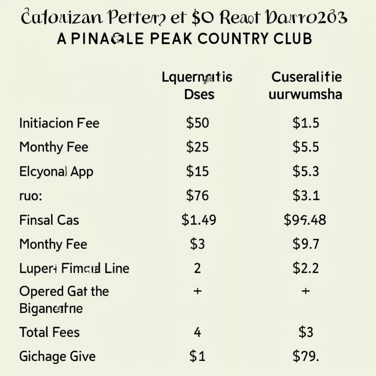 Pinnacle Peak Country Club Membership Costs Table