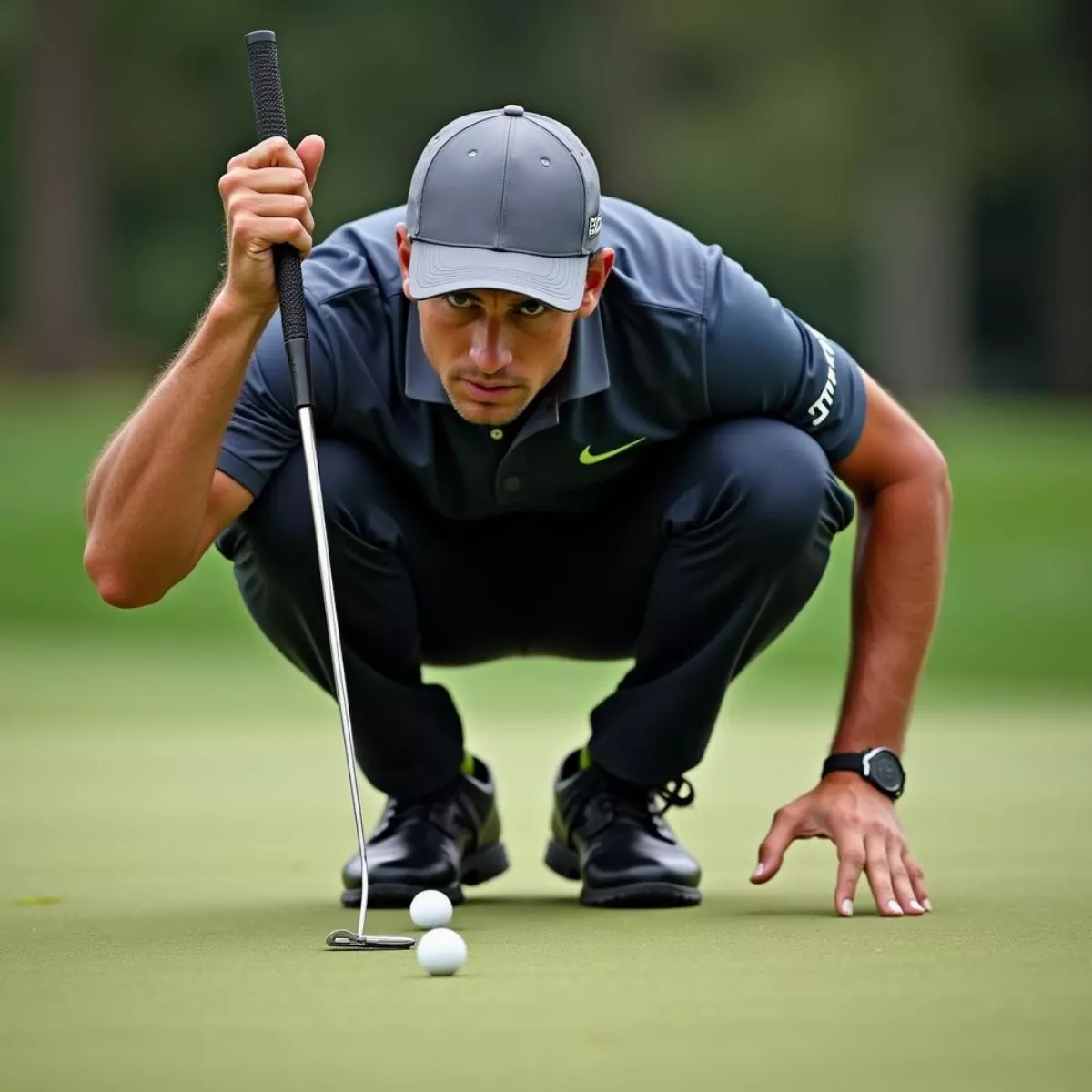 Scotty Scheffler Lining Up A Putt With Intense Focus