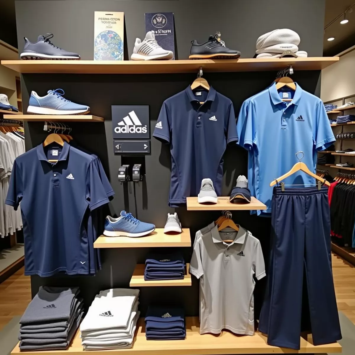 Adidas golf apparel line displayed in a retail setting.