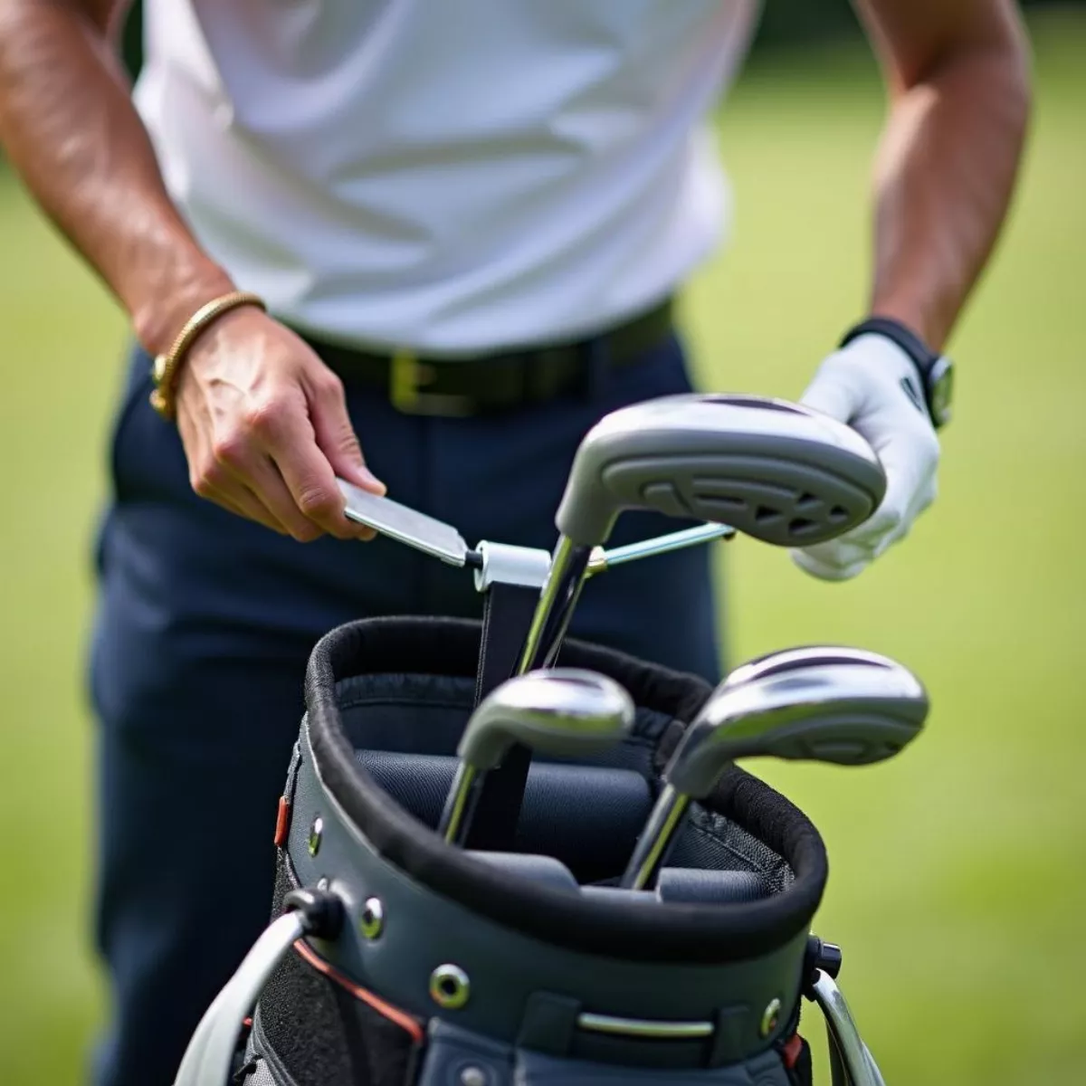 Golfer Adjusting Bag Strap