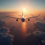 Airplane flying over the ocean at sunset