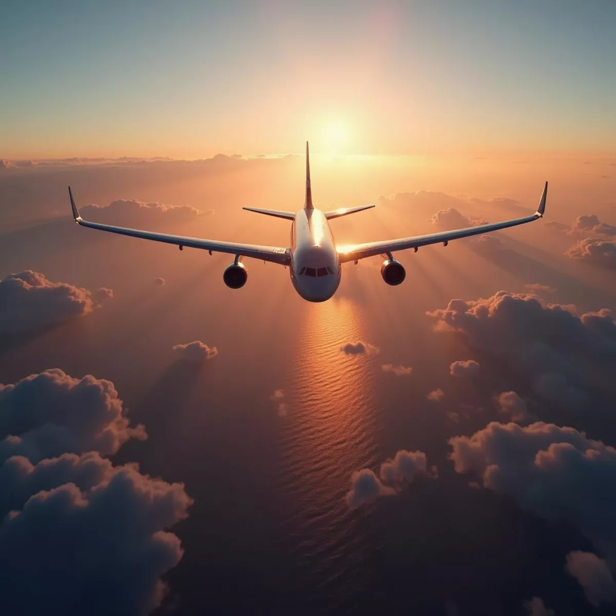 Airplane Flying Over The Ocean At Sunset