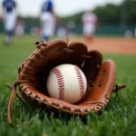 Baseball glove and ball on the field