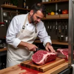 Butcher expertly cutting meat in a butcher shop