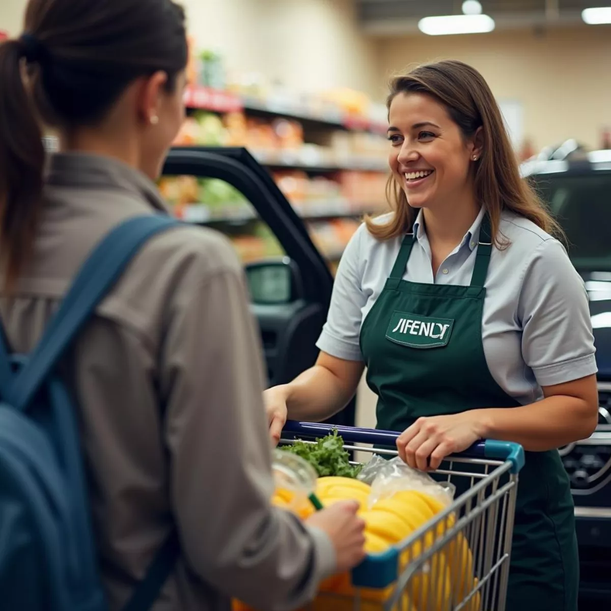 Cart Attendant Helping Customer Load Groceries