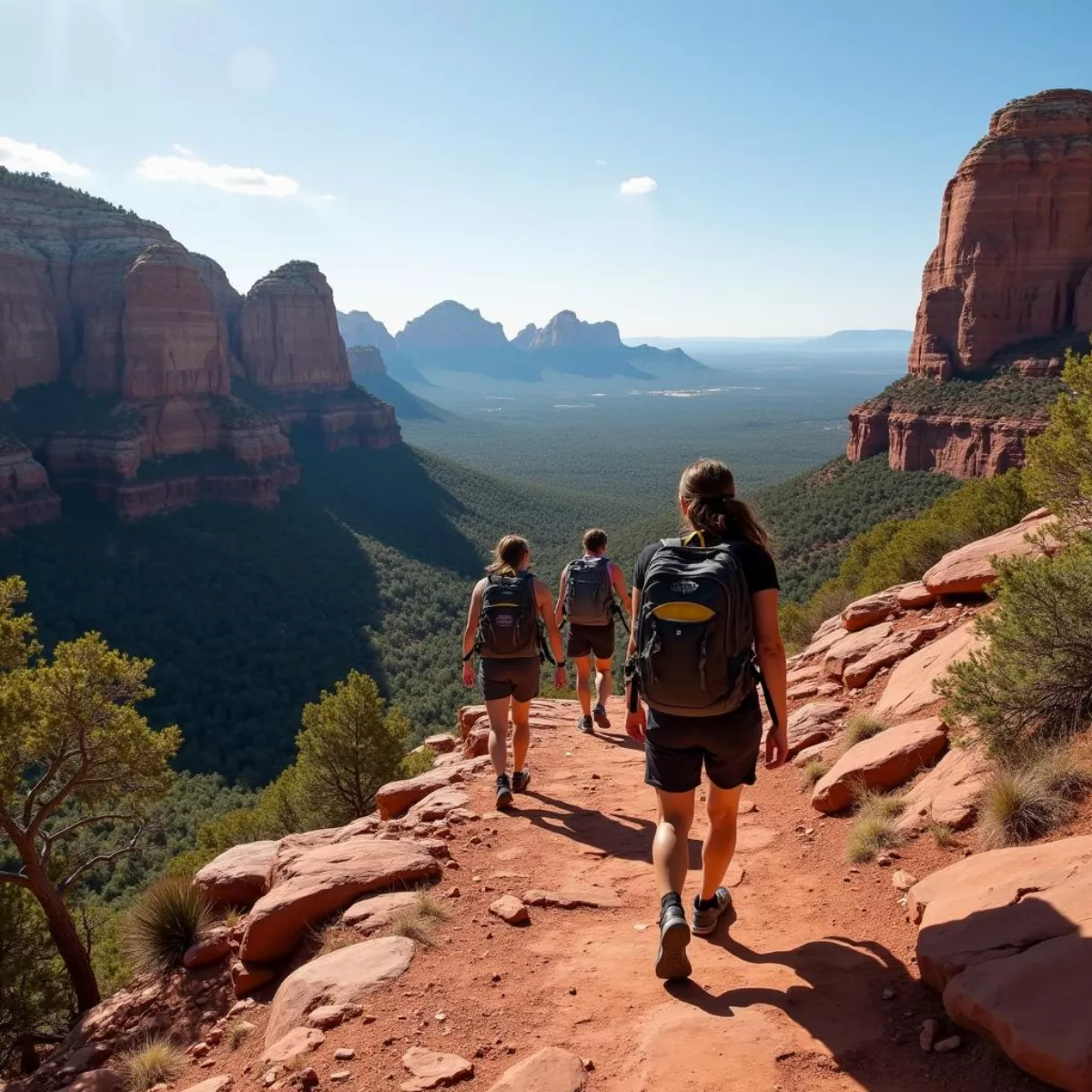 Hikers On Cathedral Rock Trail Overlooking Sedona'S Red Rock Landscape