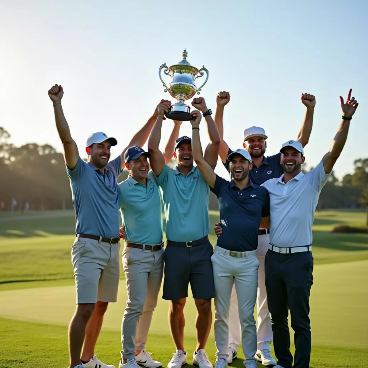 Celebrating Golfers Holding A Winning Trophy