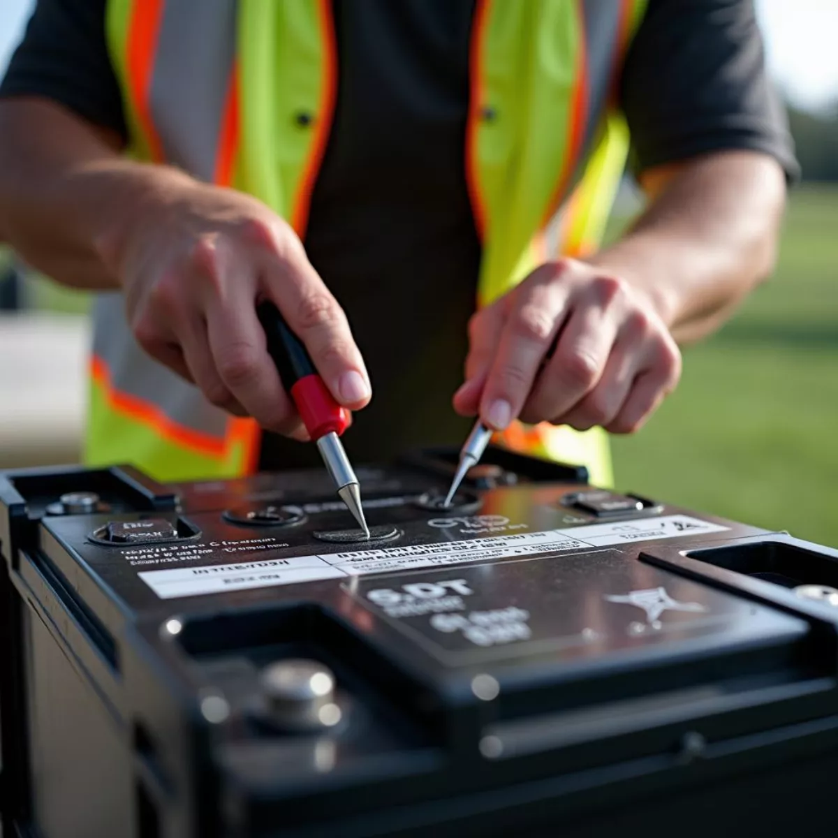 Mechanic Checking Golf Cart Battery Electrolyte Levels