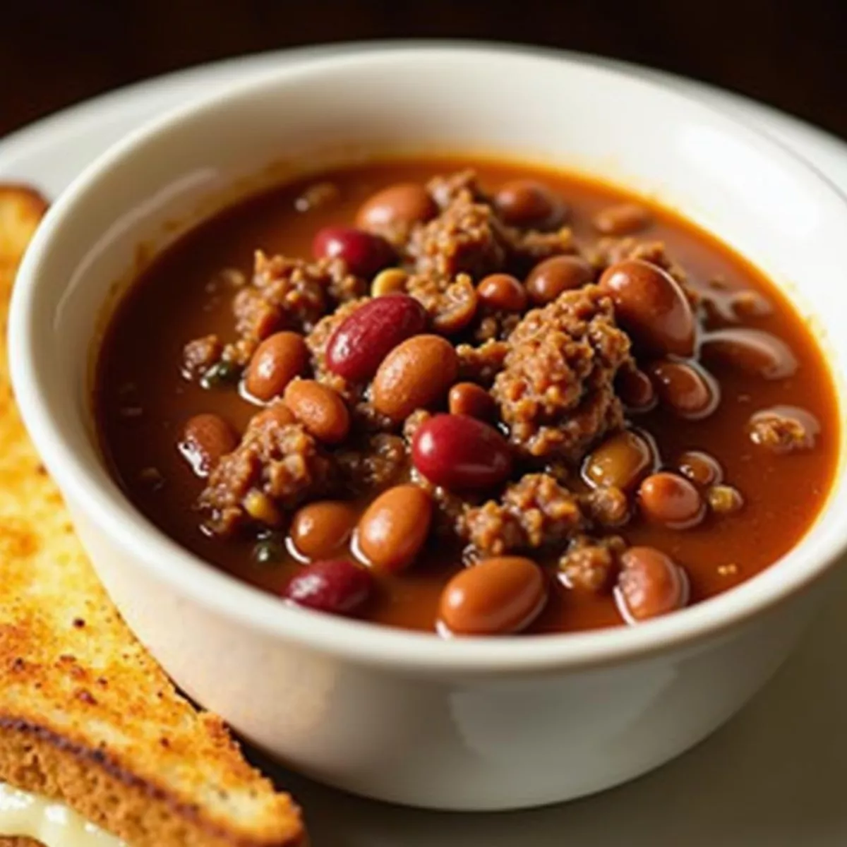 Bowl Of Chili With A Grilled Cheese Sandwich