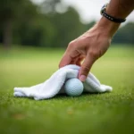 Cleaning golf ball with towel