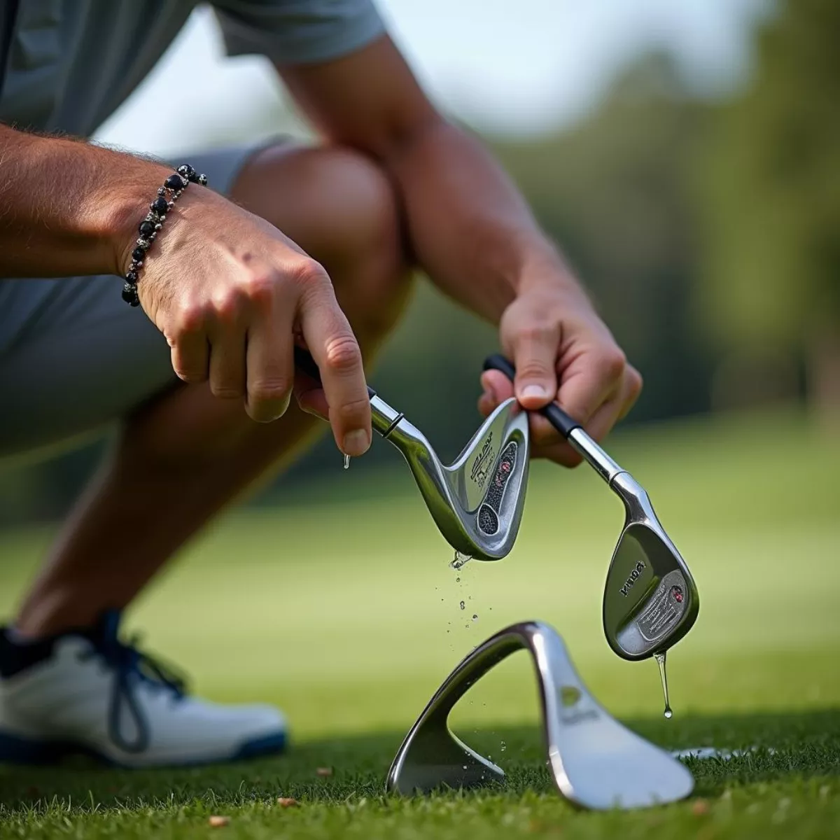 Golfer Cleaning Golf Wedges