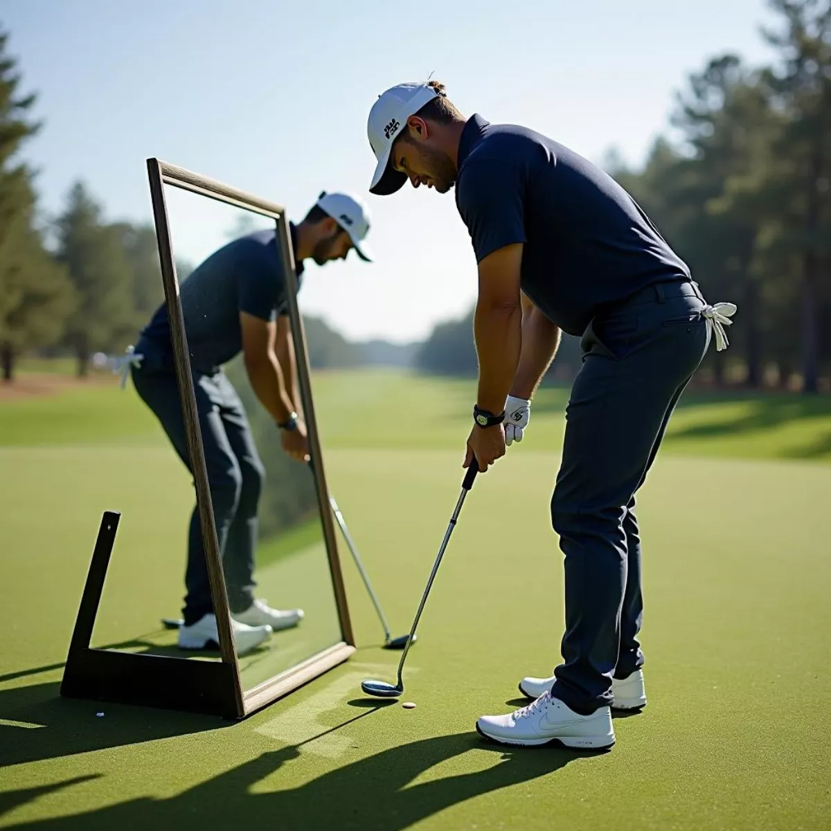 Close-up of Golfer Adjusting Alignment with Putting Mirror