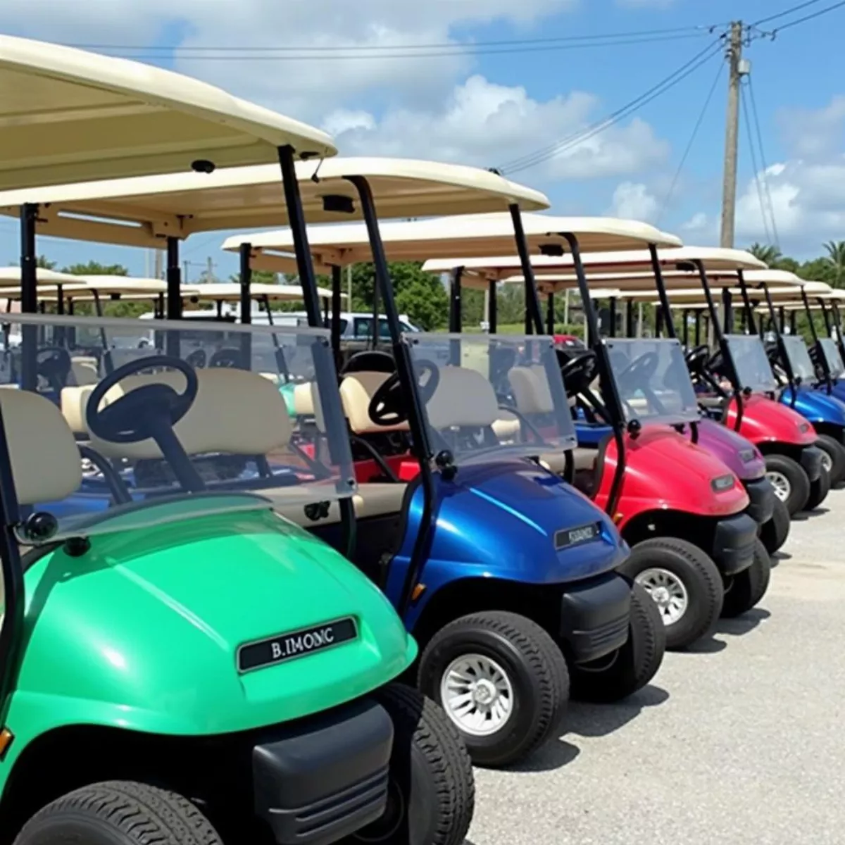 Colorful Golf Carts Parked In A Row