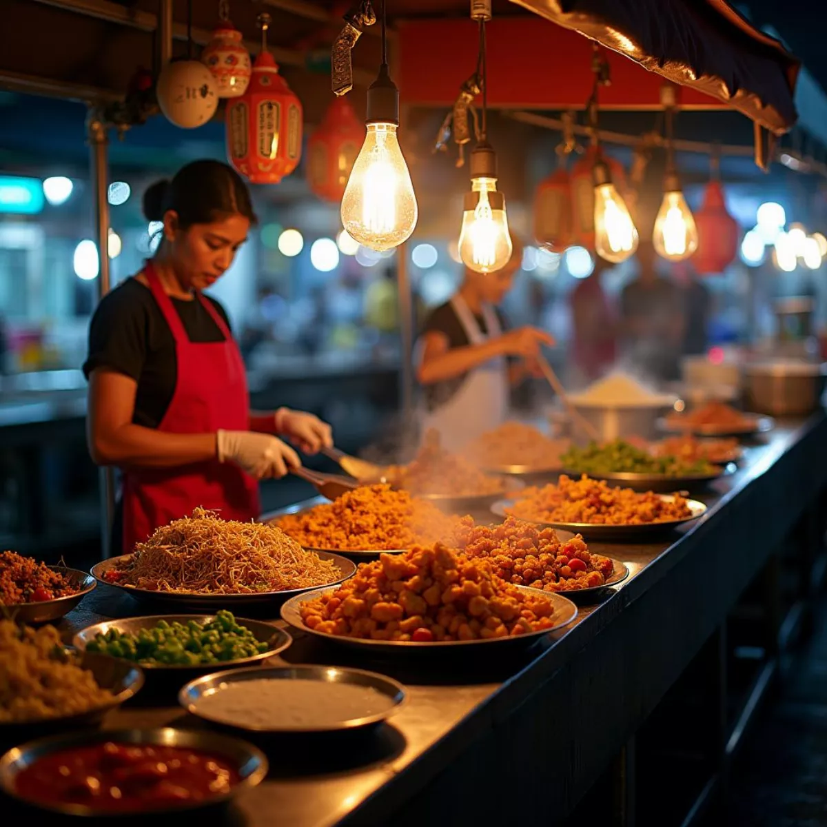 Bustling Thai Street Food Market Illuminated By Vibrant Lights At Night