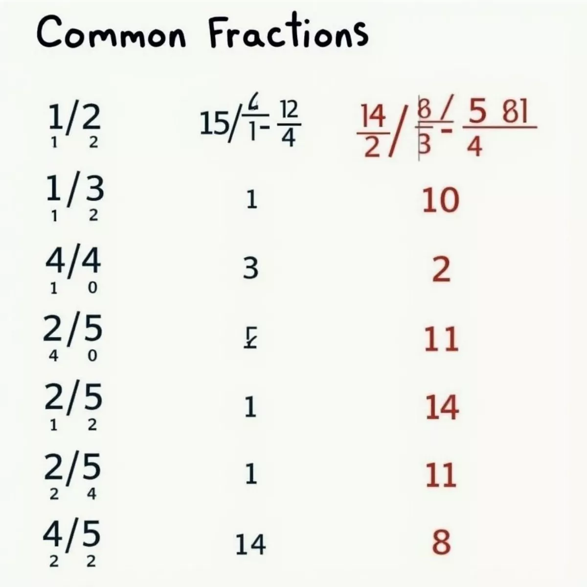 Table Of Common Fraction And Percentage Equivalents