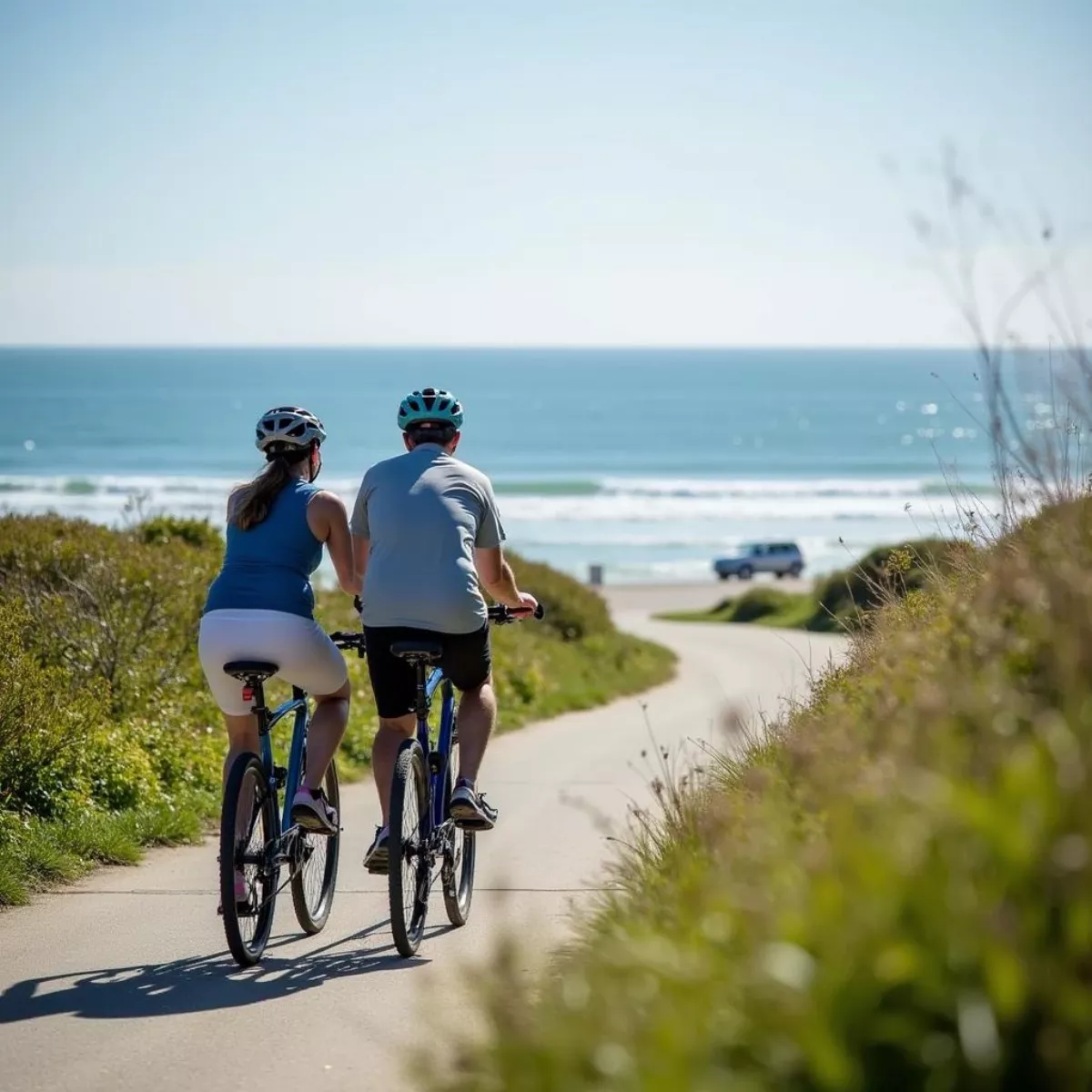 Couple Cycling On A Scenic Path In Shelter Island