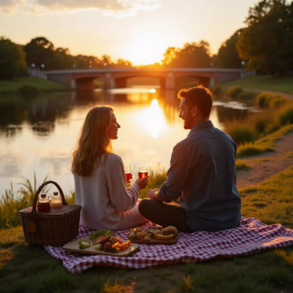 Couple Enjoying A Sunset Picnic On Augusta Riverwalk