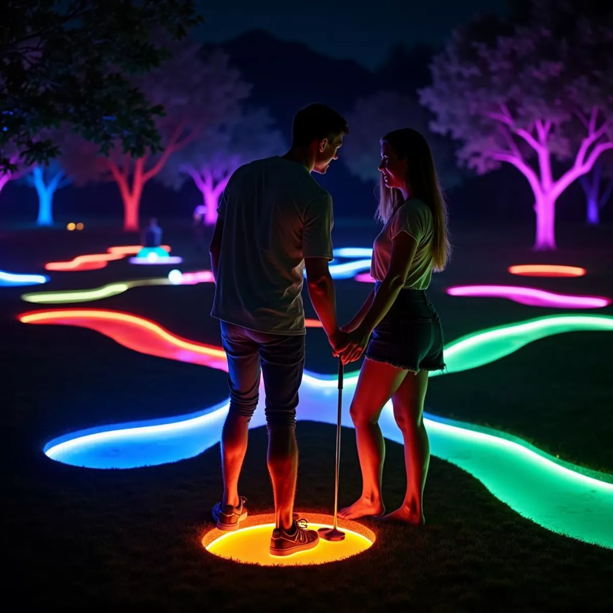 Couple Playing Mini Golf At Night