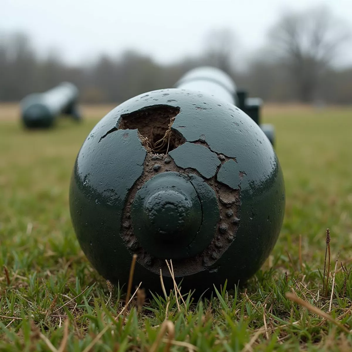 Damaged Cannon Ball On Battlefield