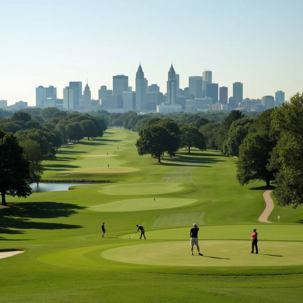 Golfers on the green with the Des Moines skyline in the background