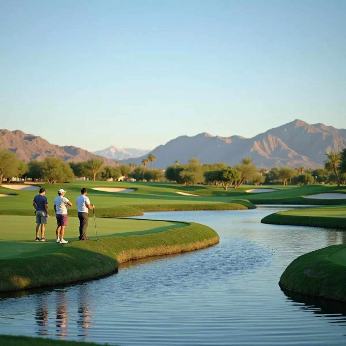 Golfers Navigating A Water Hazard At Desert Lakes Golf Course