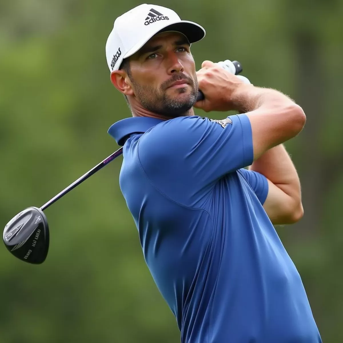 Dustin Johnson swinging a golf club with the Adidas logo visible.