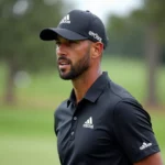 Dustin Johnson wearing Adidas shirt on the golf course