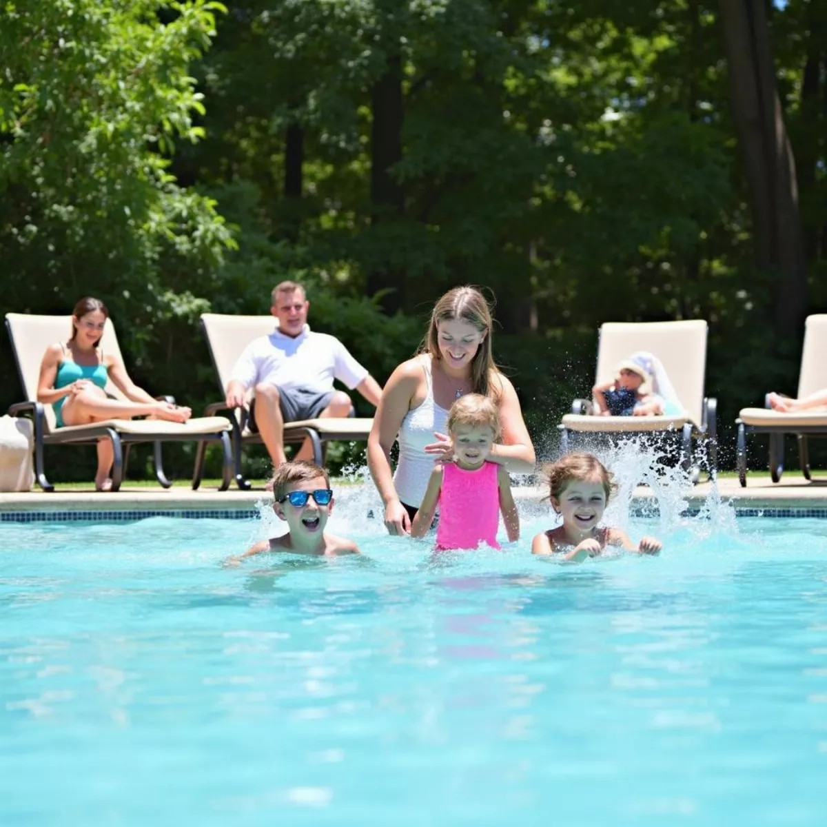 Families Enjoying The Pool