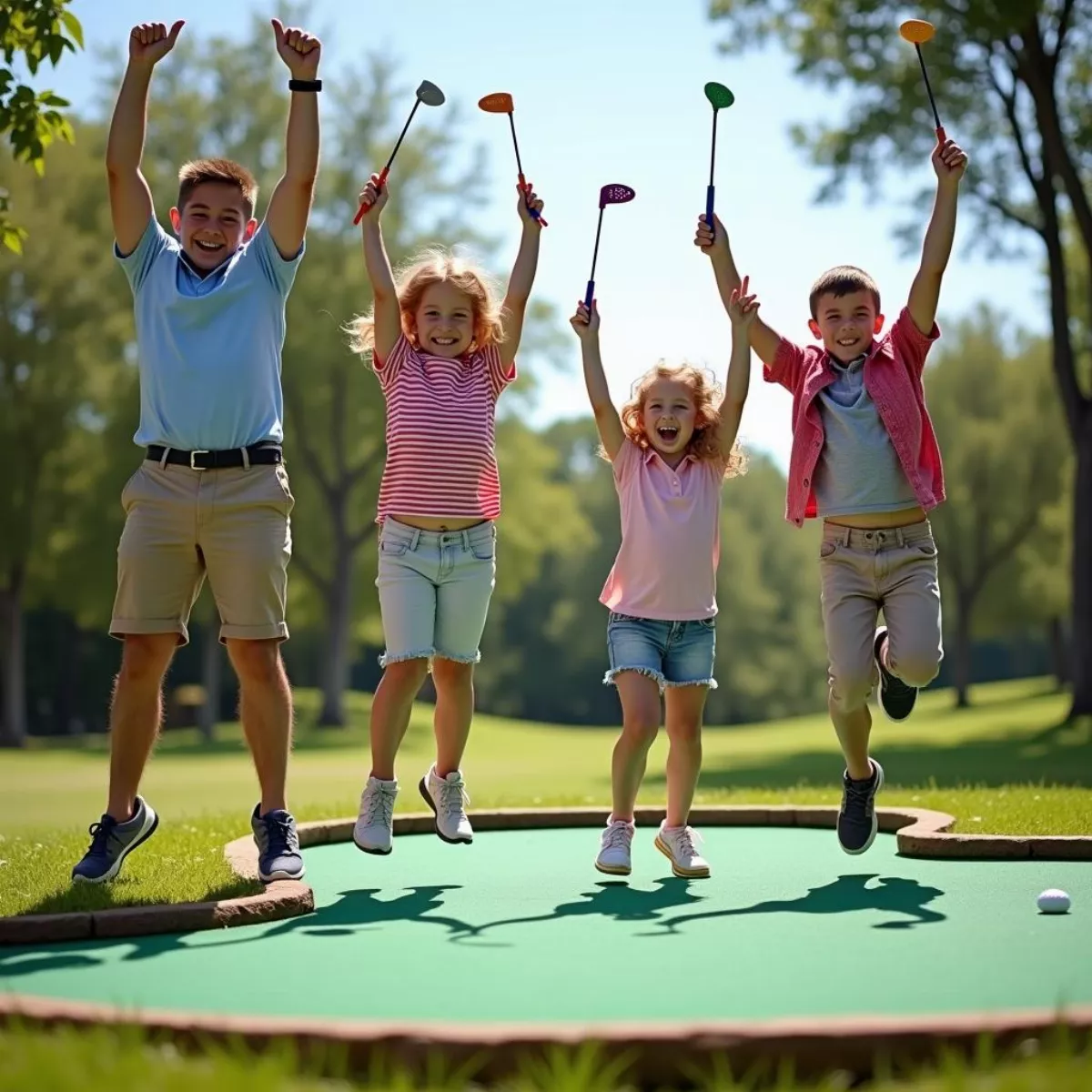 Family Celebrating Mini Golf Victory