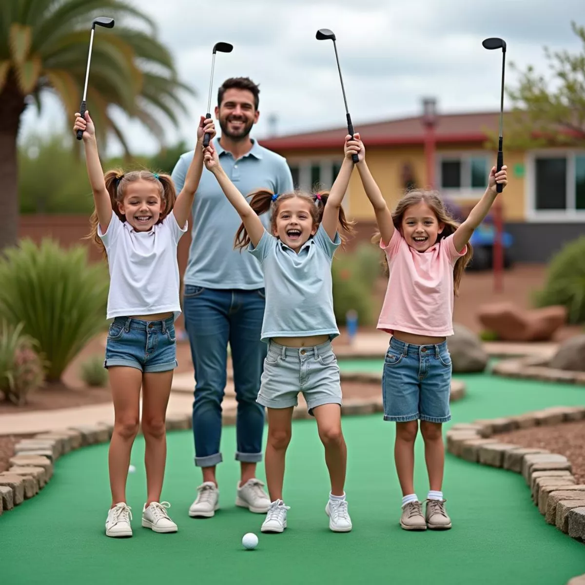 Family Celebrating A Mini Golf Win