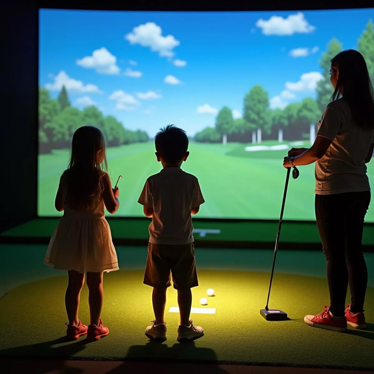 Family Playing On A Golf Simulator