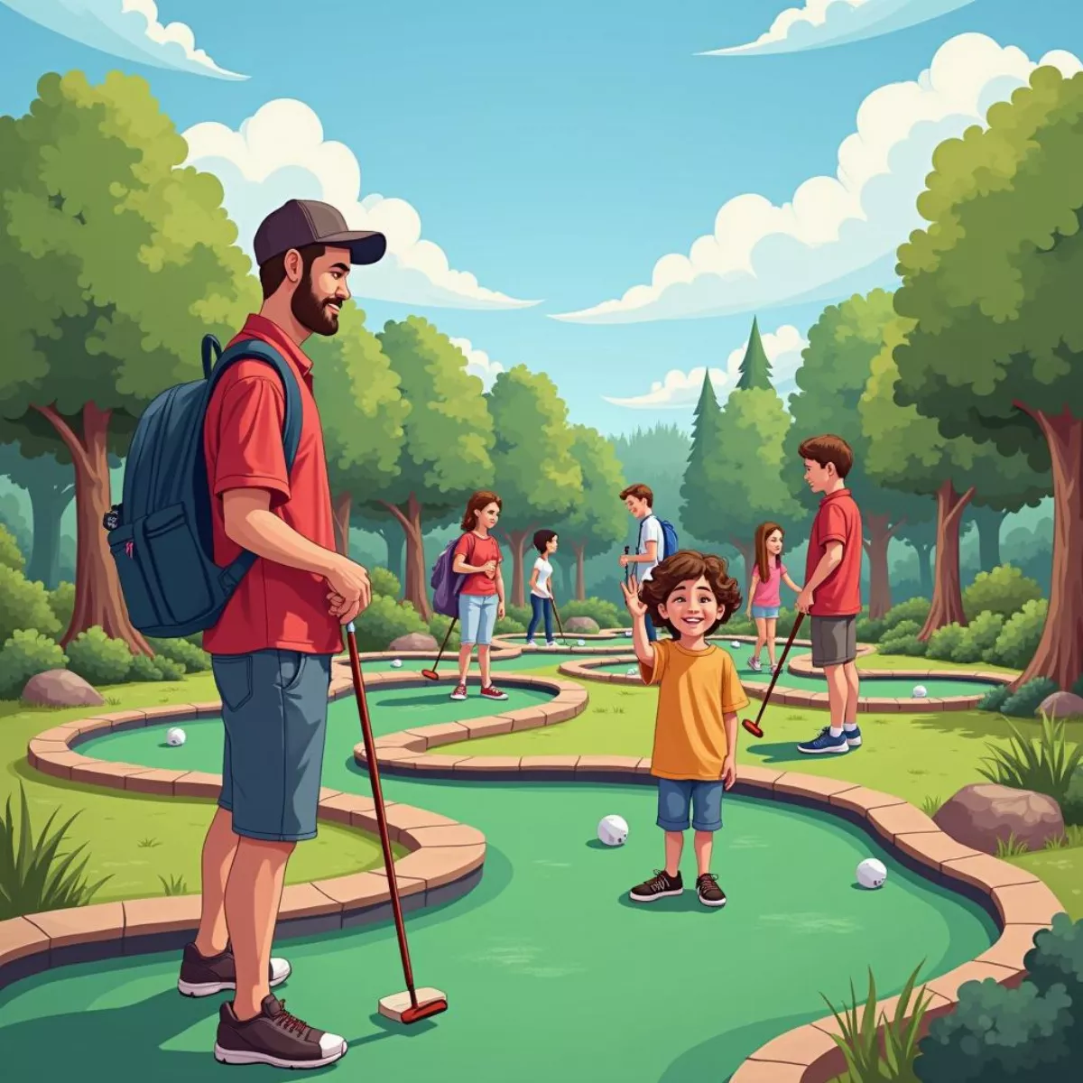 Family Playing Mini Golf On Crowded Course