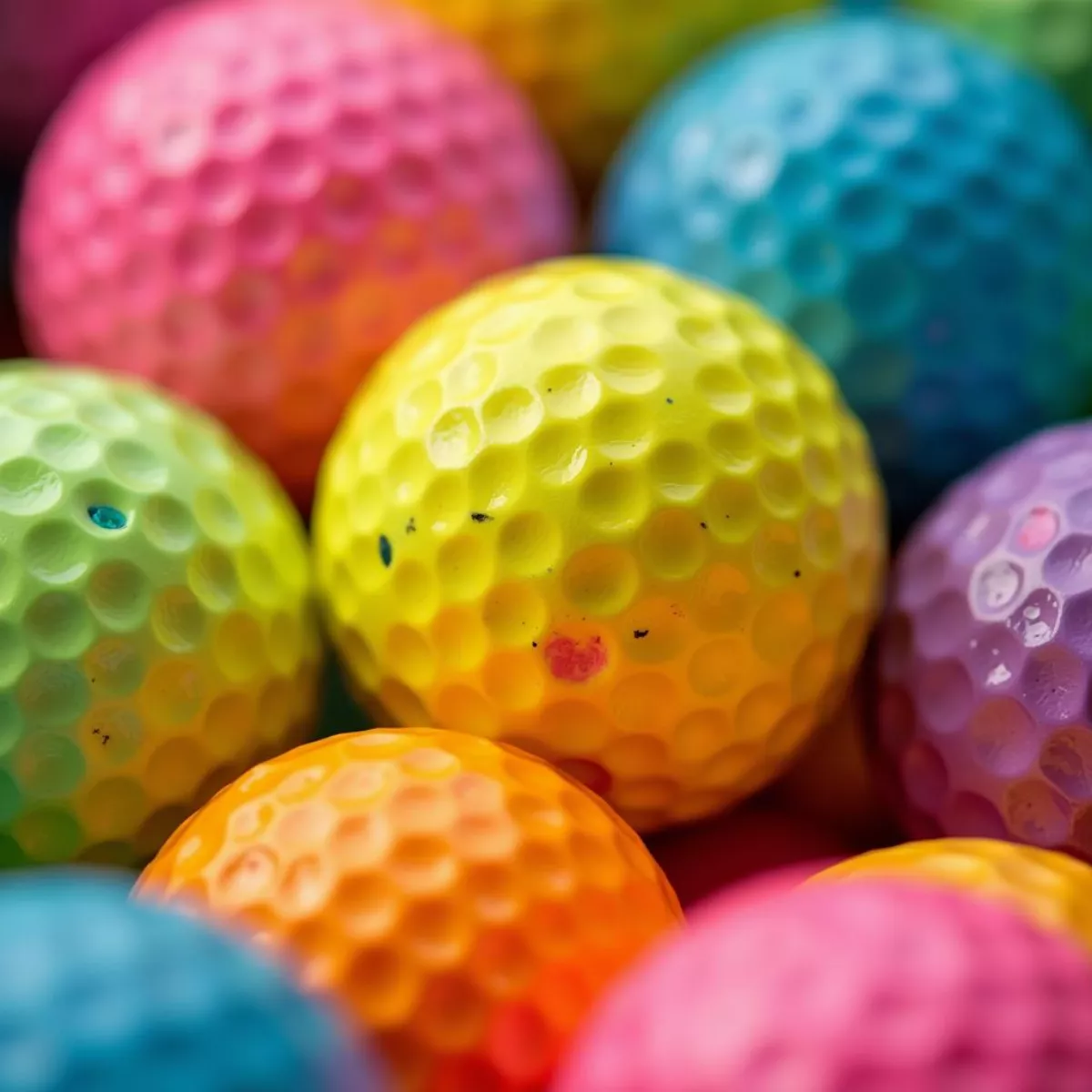 Close Up Of Various Foam Golf Balls Highlighting Their Dimple Patterns And Bright Colors