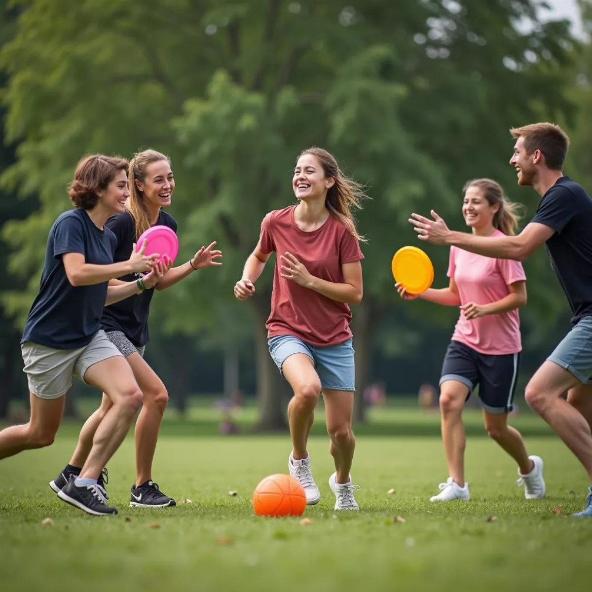 Friends Playing Frisbee In A Park