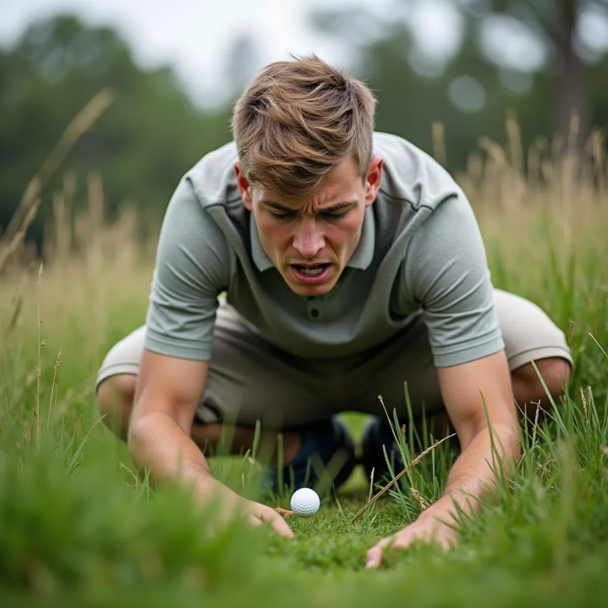 Frustrated Golfer Searching For Ball