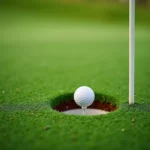 Golf ball approaching hole on green