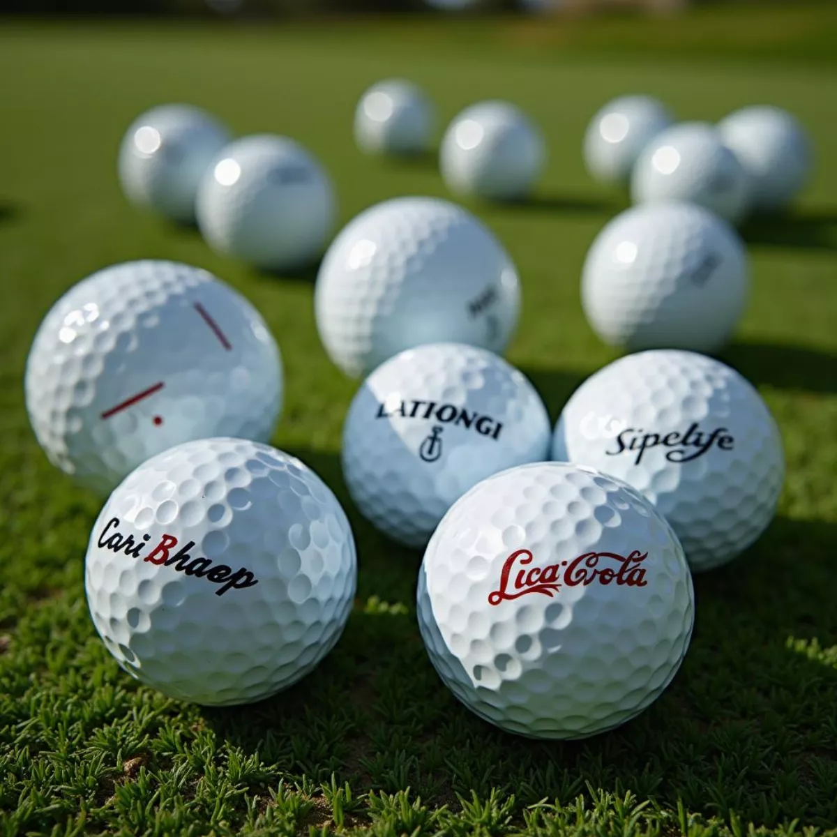 Various Golf Balls On A Putting Green