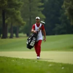 Golf caddy carrying bag on the course