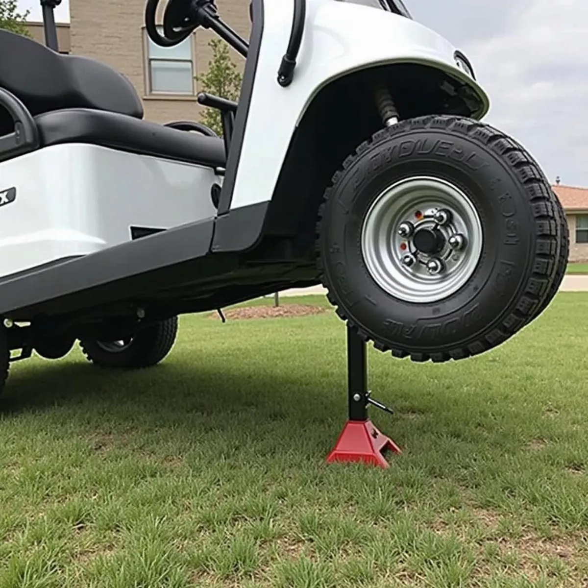 Golf Cart Lifted By A Jack