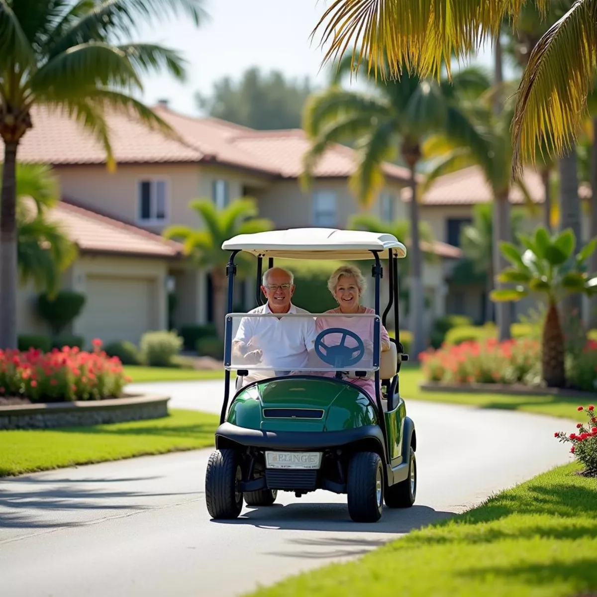 Golf Cart On The Road In A Retirement Community