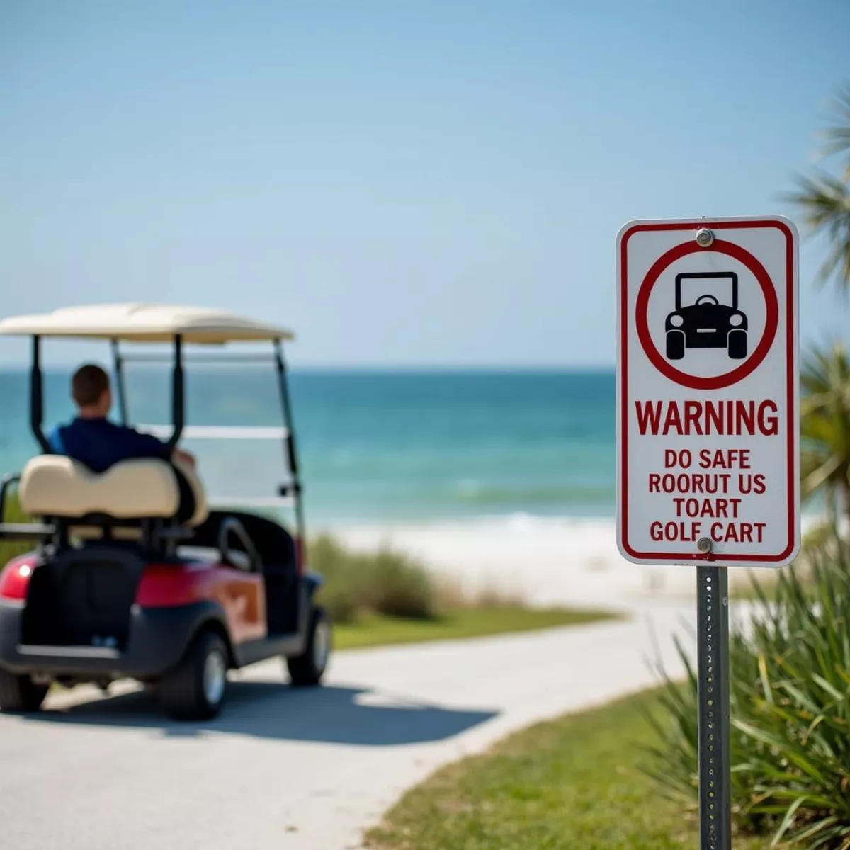 Golf Cart Parked Near Beach Warning Sign