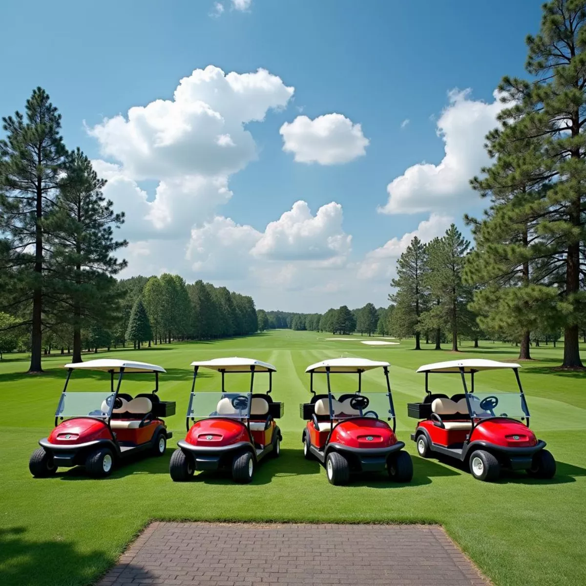 Golf Carts Lined Up At A Golf Course.